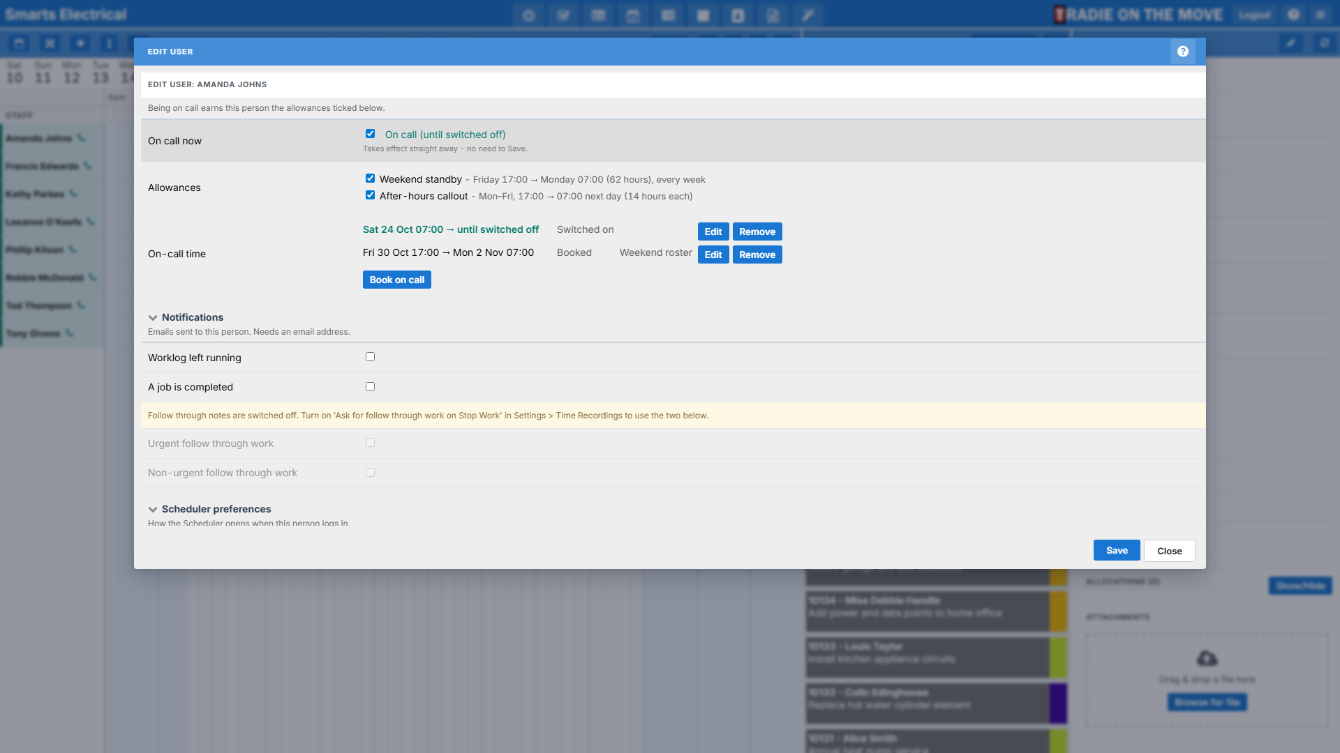 The On call section of the Edit User form: an On call now tick box, the allowances held, and a table of on-call time