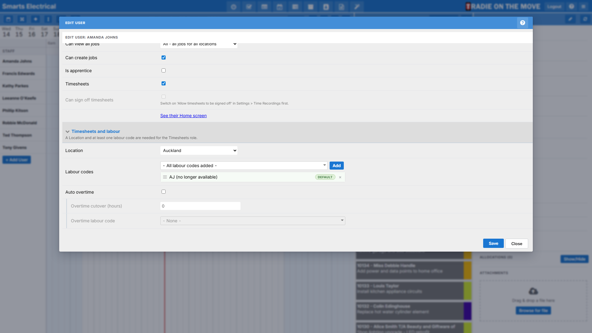 The Edit User form, with Auto overtime, Overtime cutover and Overtime labour code beneath the labour codes