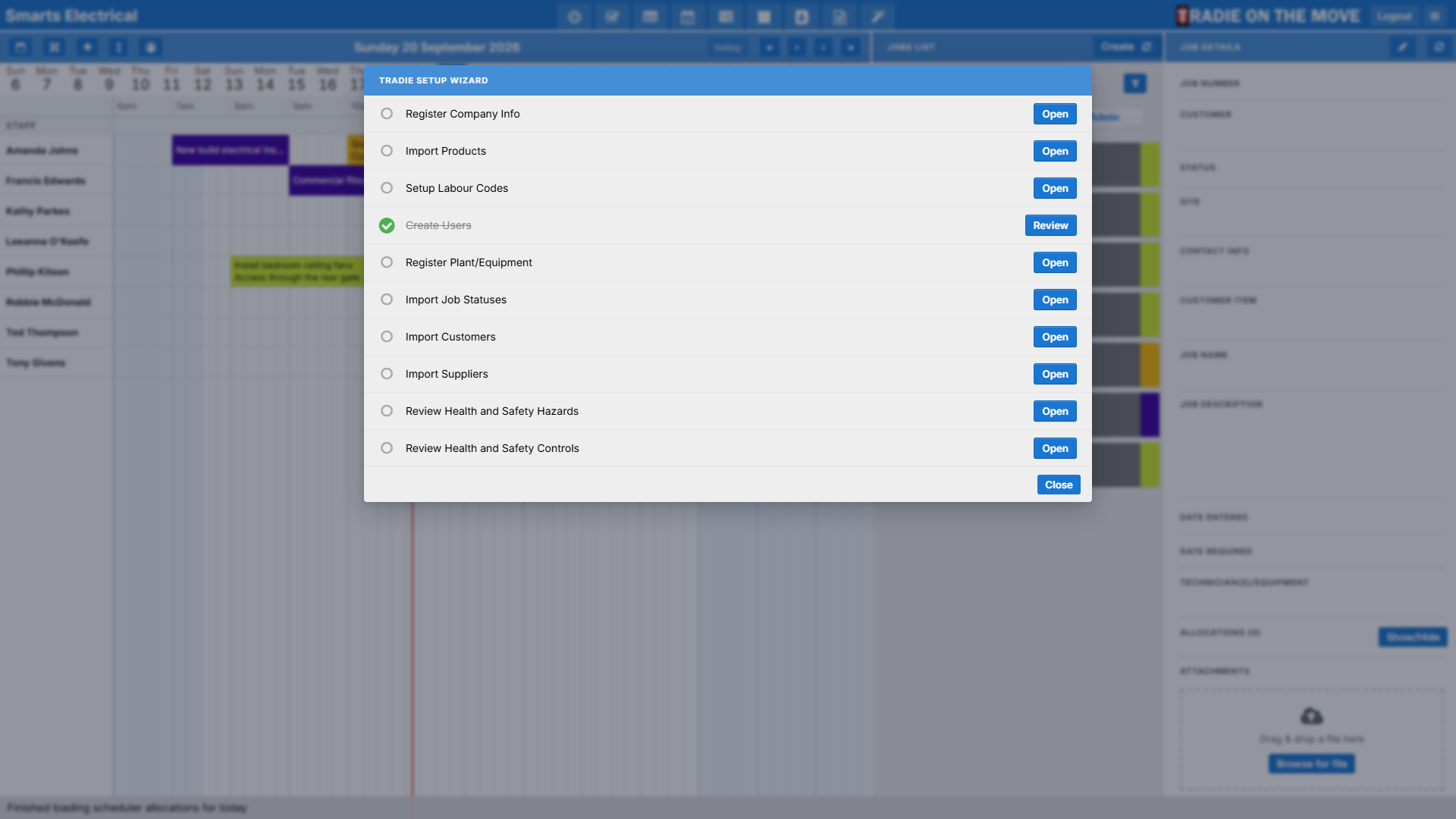 The Tradie Setup Wizard in the Scheduler, listing the setup tasks with an Open button beside each